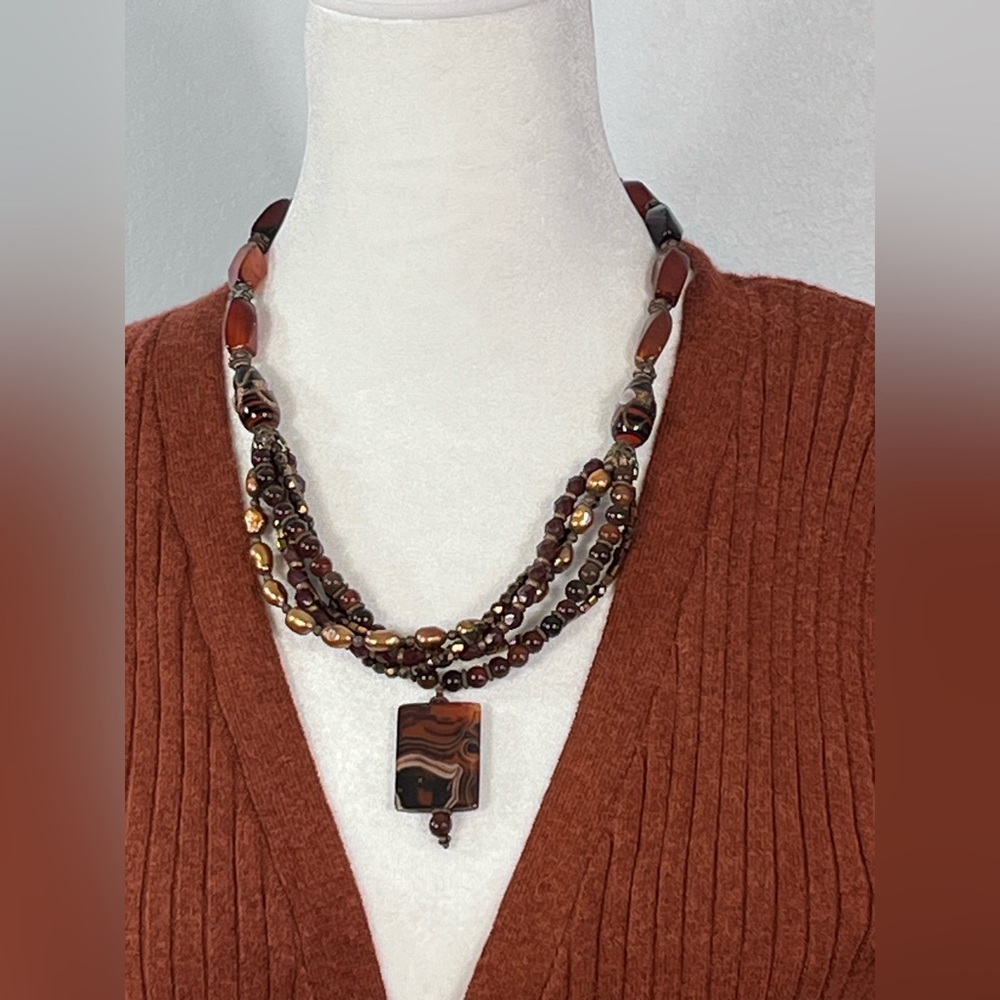 Agate Multi-Strand Necklace With agate pendant .  21” Handmade